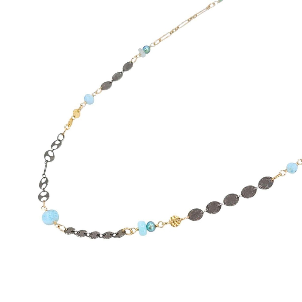Necklace - Decorated Mixed Chain (Larimar, Aquamarine, Pearl) by Calliope Jewelry