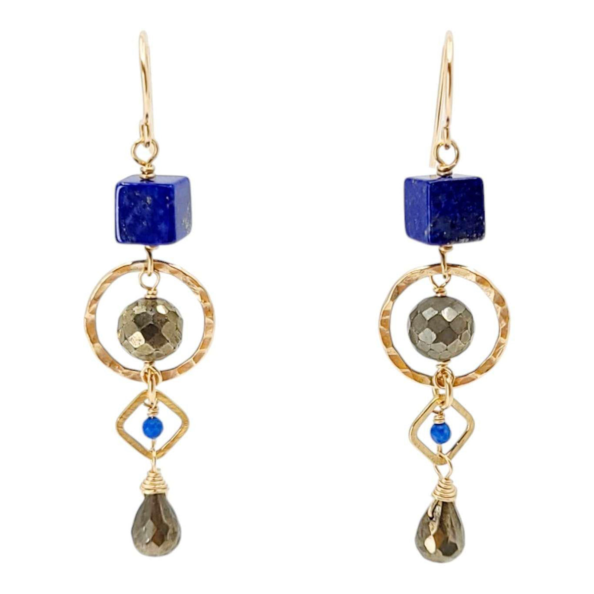 Earrings - Gold and Gemstone Mixed Shapes (Lapis Lazuli, Pyrite) by Calliope Jewelry