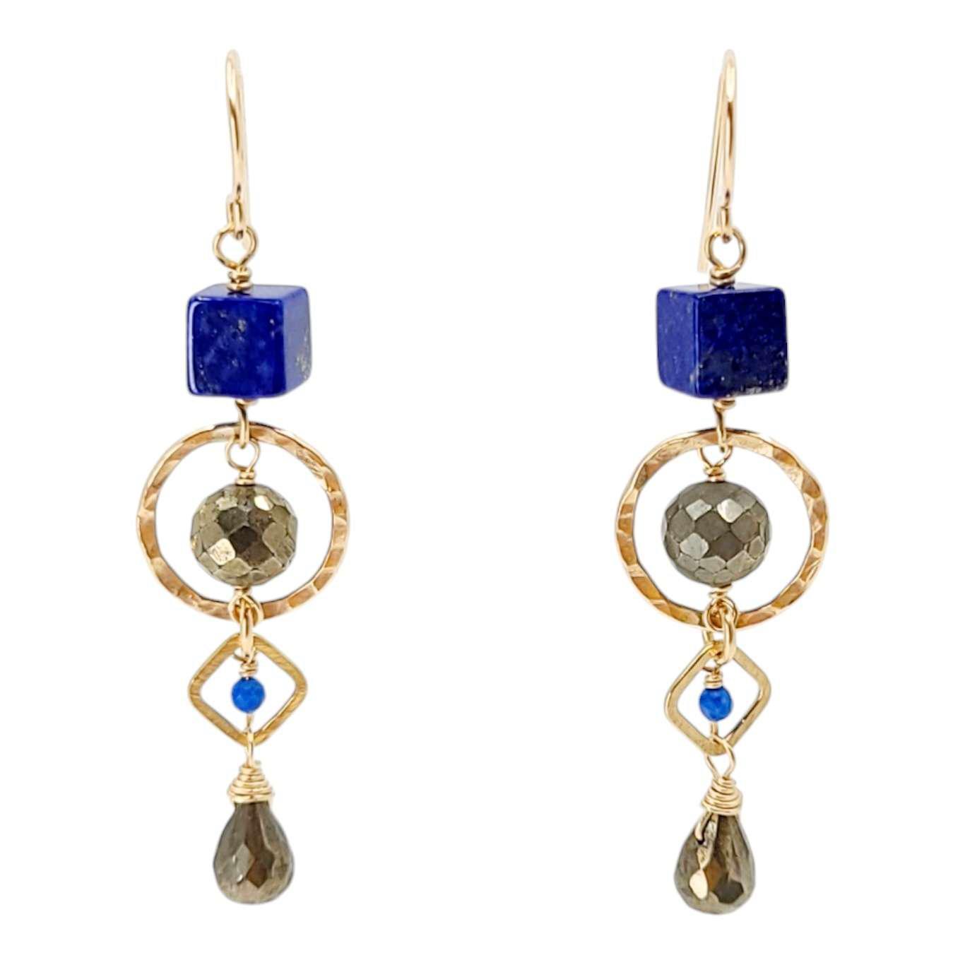 Earrings - Gold and Gemstone Mixed Shapes (Lapis Lazuli, Pyrite) by Calliope Jewelry