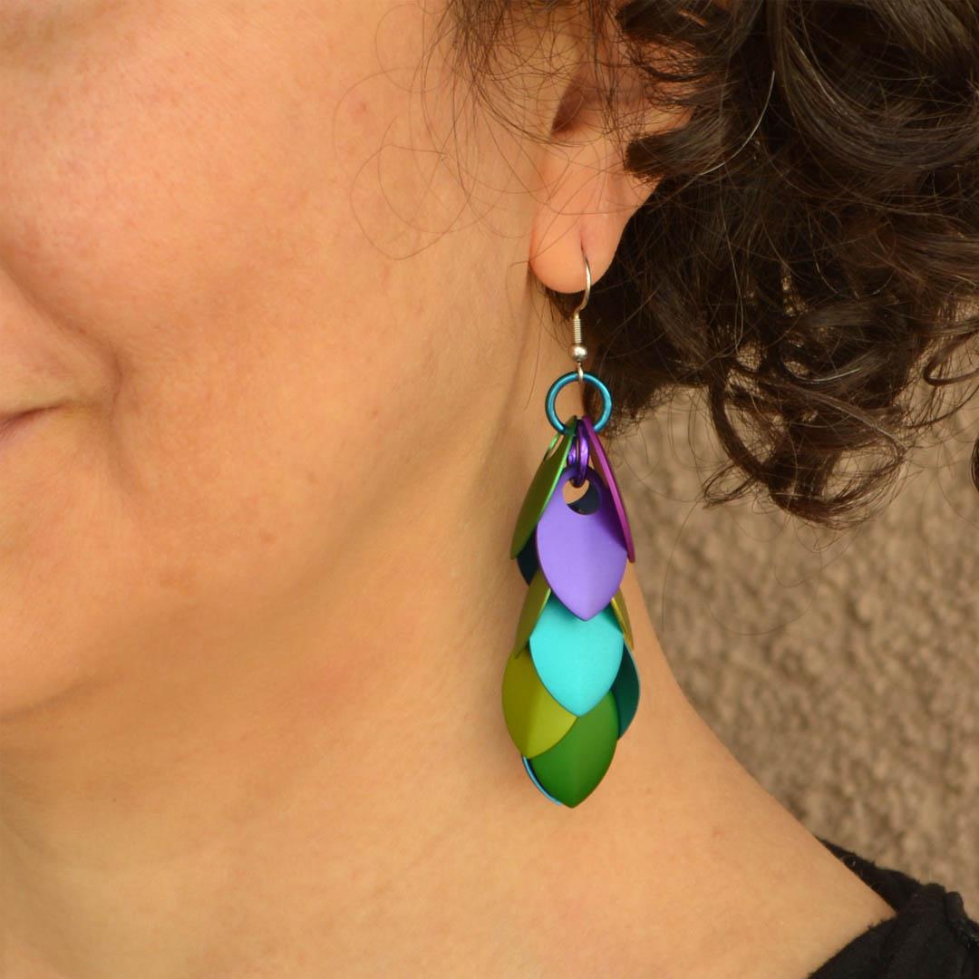 Earrings - Long Feather Cascade (Peacock Mismatched) by Rebeca Mojica