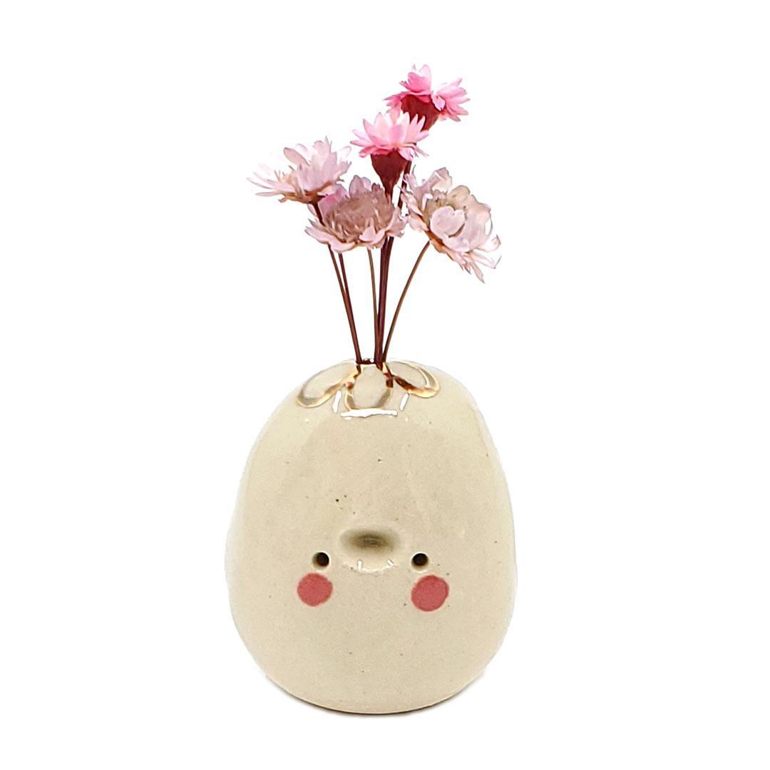 Figurine - Lucky Potato Bud Vase (Single Hole, Rose Cheeks, Gold Looped Flower) by The Pottery Parade