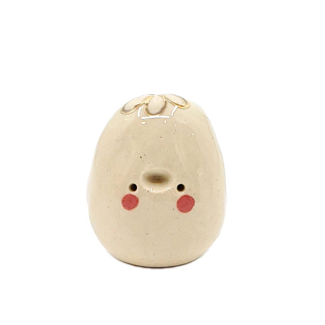 Figurine - Lucky Potato Bud Vase (Single Hole, Rose Cheeks, Gold Looped Flower) by The Pottery Parade