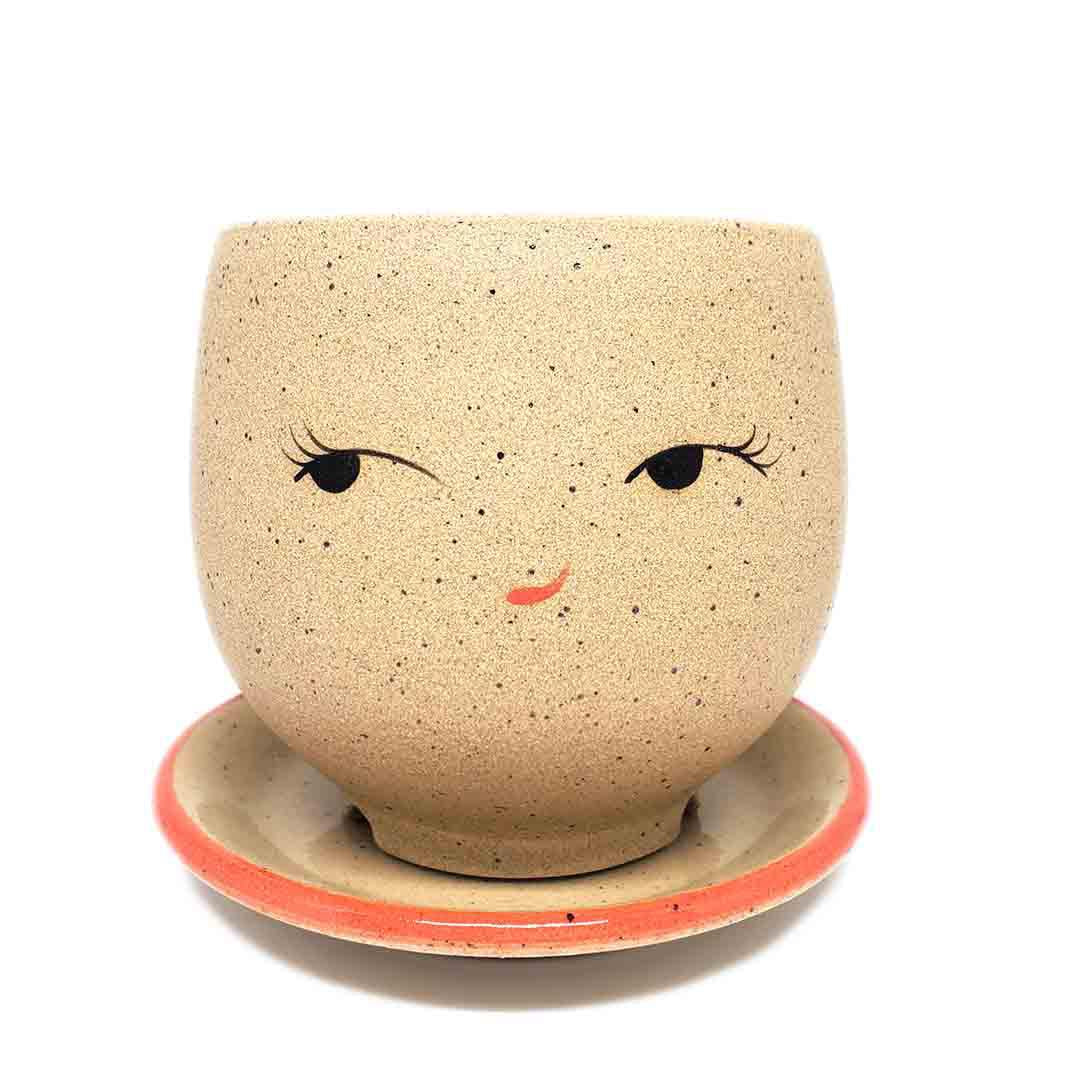Planter - Coy Face (Red Saucer) by Jennifer Fujimoto