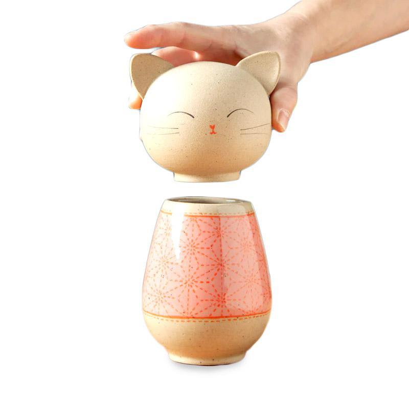 Kokeshi Jar - Small - Cheerful Kitty Cat (Pink Sashiko) by Jennifer Fujimoto