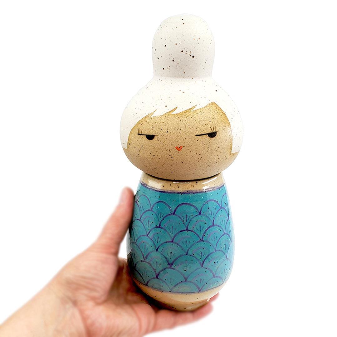 Kokeshi Small - White Hair Turquoise Scallops by Jennifer Fujimoto