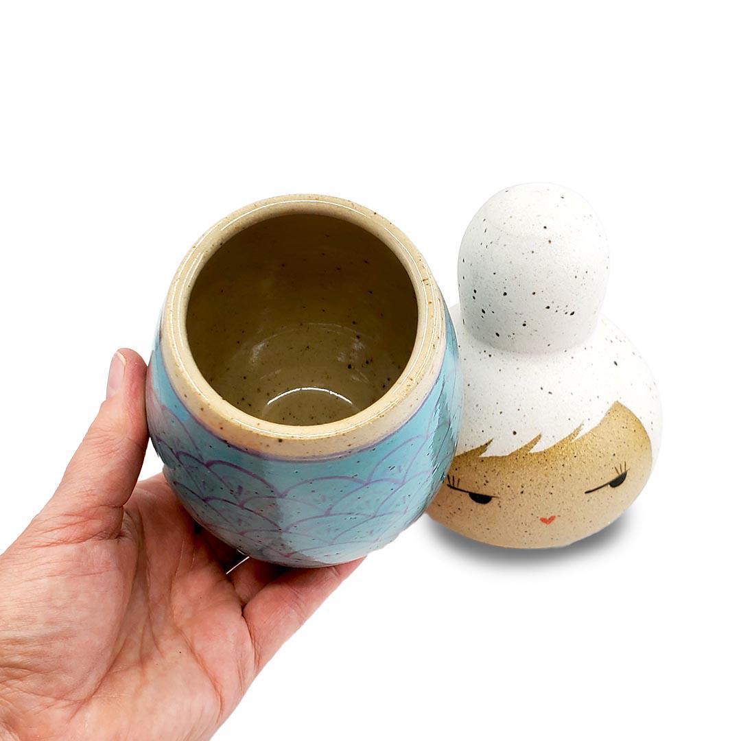 Kokeshi Jar - Small - Side Eye (White Hair, Turquoise Scallops) by Jennifer Fujimoto