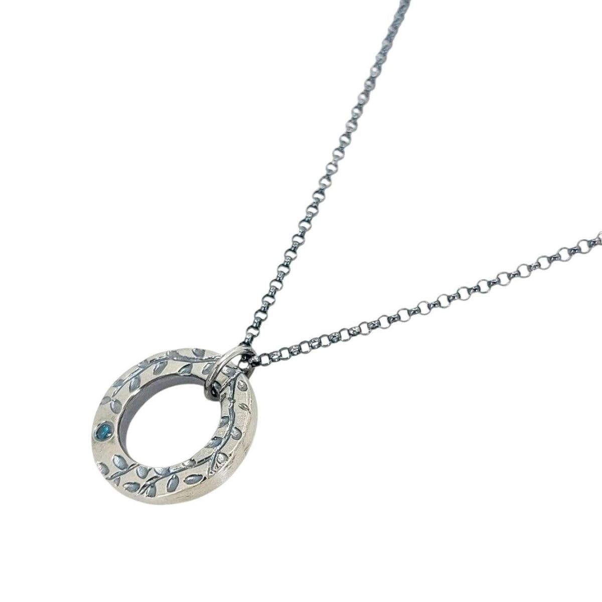 Necklace - Vine Textured Reversible Circle Pendant (Blue Diamond, Sterling Silver) by Taviametal