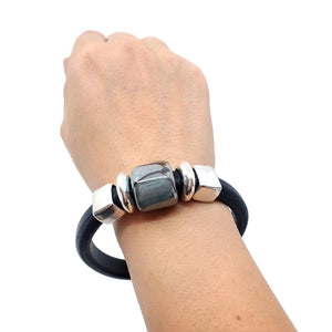 Bracelet - Black Sea in Black Leather with Silver and Ceramic by Diana Kauffman Designs