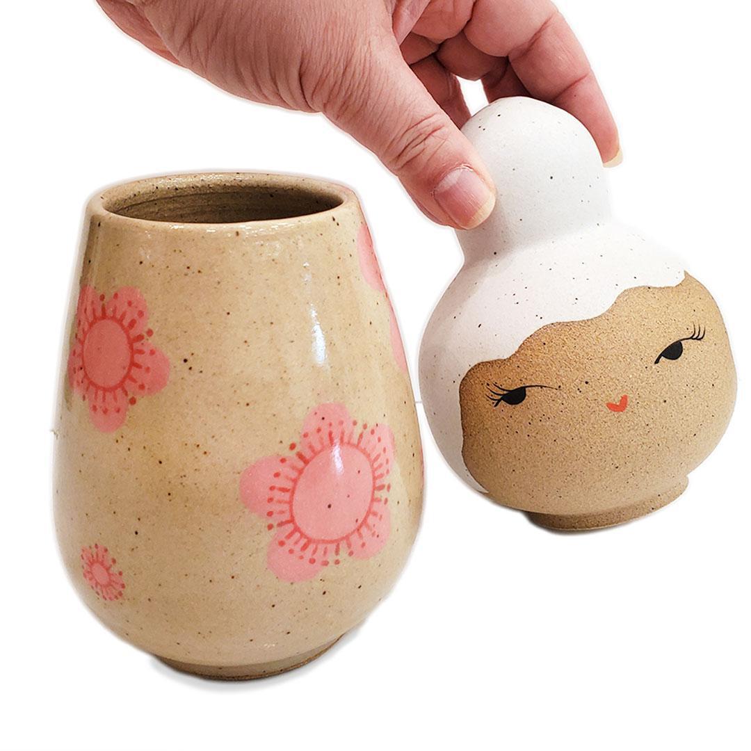 Kokeshi Jar - Small - Coy (White Updo, Pink Floral) by Jennifer Fujimoto
