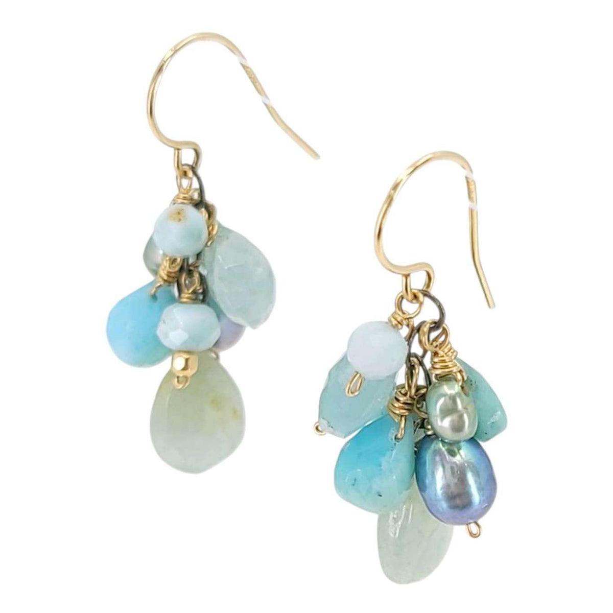 Earrings - Gemstone Clusters (Larimar, Aquamarine, Pearl) by Calliope Jewelry