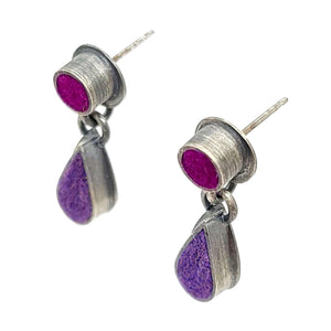 Earrings - Tiny Dot with Dangling Teardrop Posts in Grape and Raspberry by Michele A. Friedman