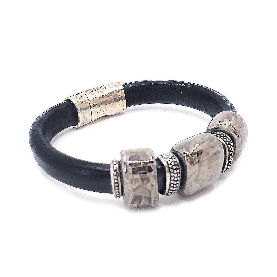 Bracelet - Storm in Black Leather with Silver and Ceramic by Diana Kauffman Designs