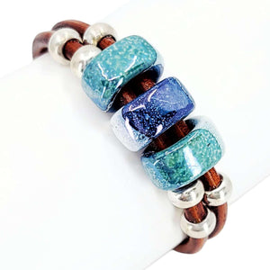 Bracelet - Hummingbird (Tobacco Leather, Silver, Ceramic) by Diana Kauffman Designs