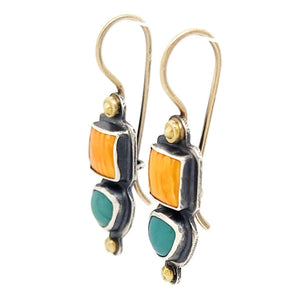 Earrings - Talking Stone in 14k Gold and Sterling with Spiny Oyster and Gem Silica by Allison Kallaway