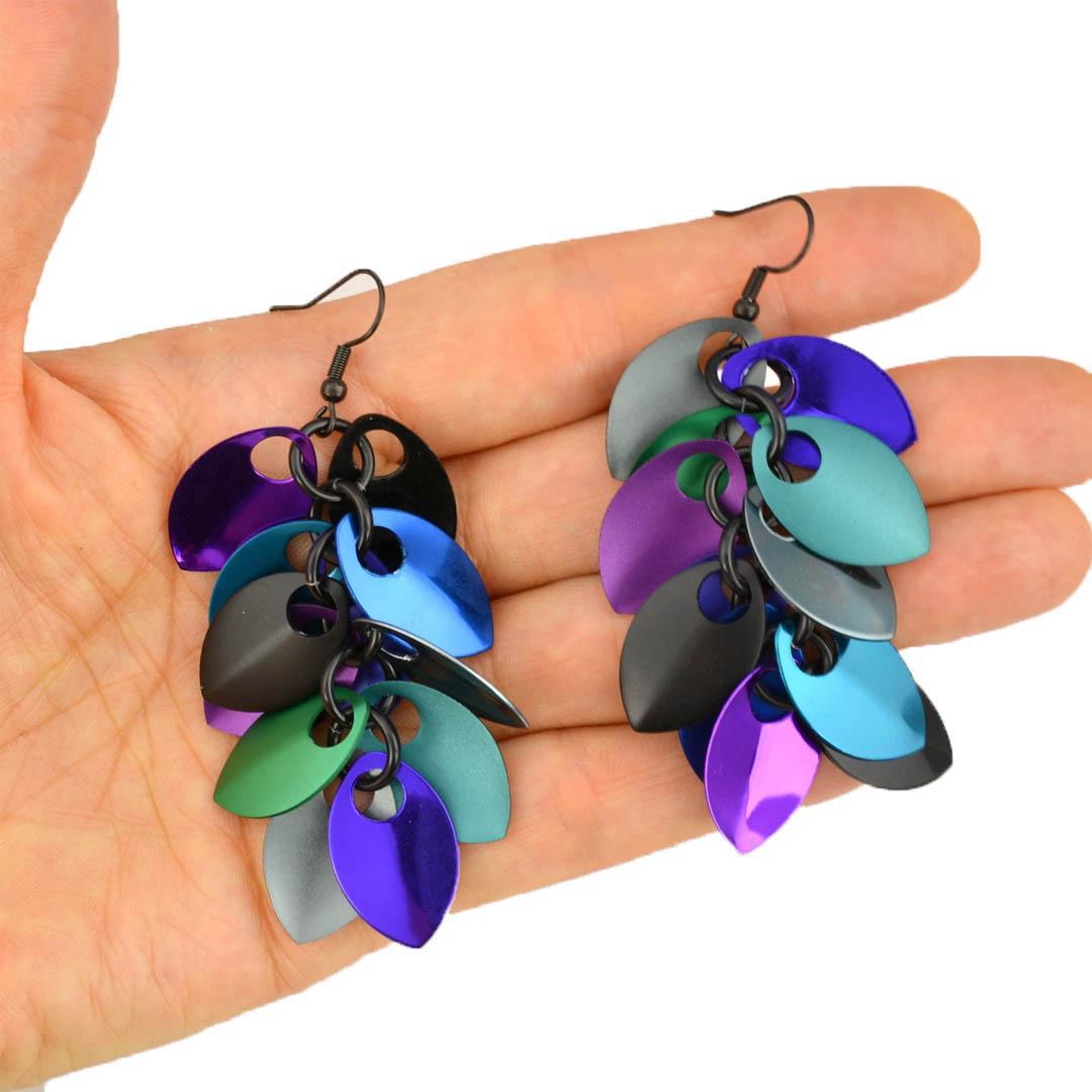 Earrings - Long Feather Cascade (Dark Mermaid Mismatched) by Rebeca Mojica