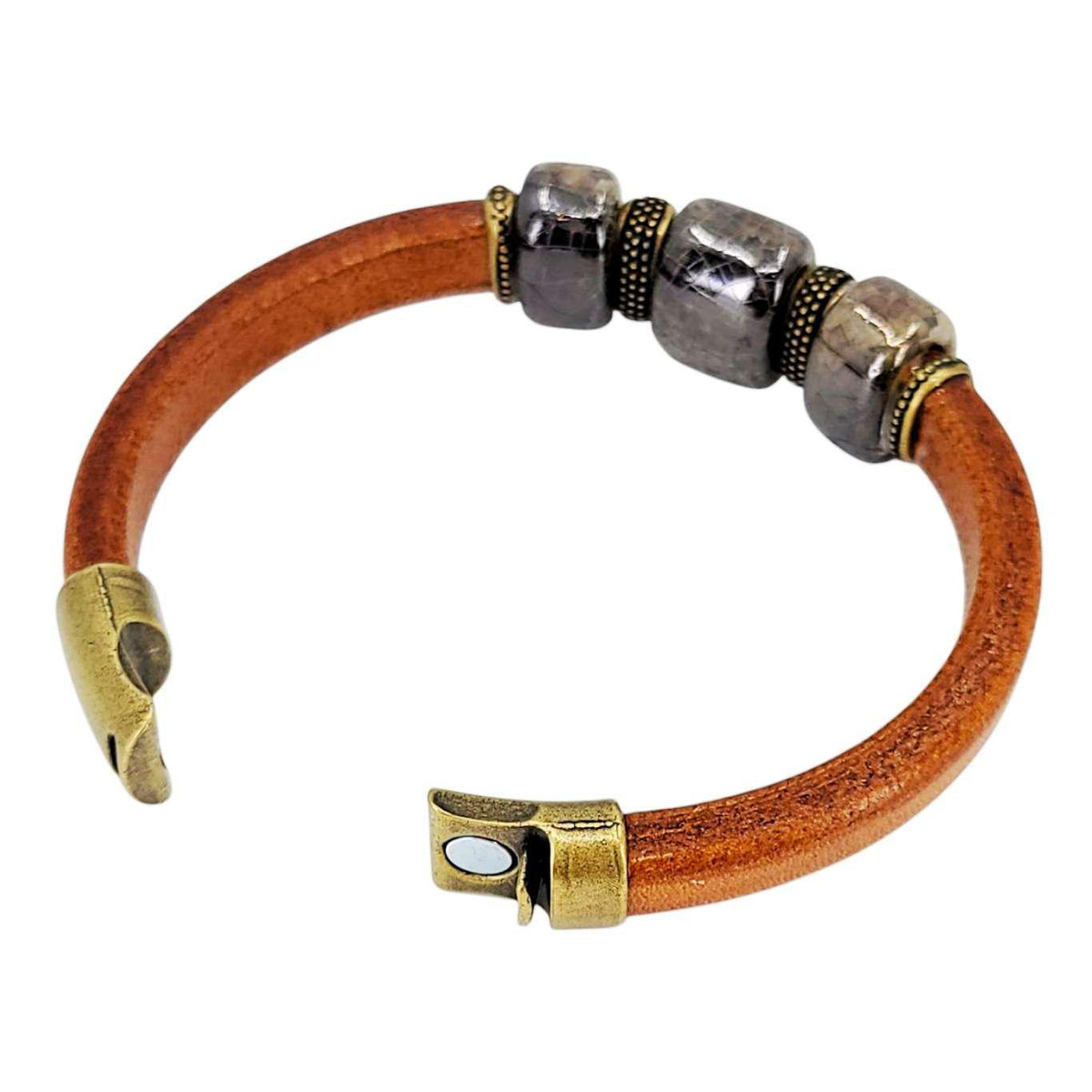 Bracelet - River Rock (Tobacco Leather, Brass, Ceramic) by Diana Kauffman Designs