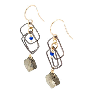 Earrings - Overlapped Floating Squares (Lapis Lazuli, Pyrite) by Calliope Jewelry