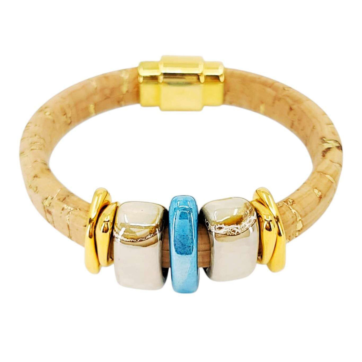 Bracelet - Sorrento Blue (Cork on Leather, Gold, Ceramic) by Diana Kauffman Designs