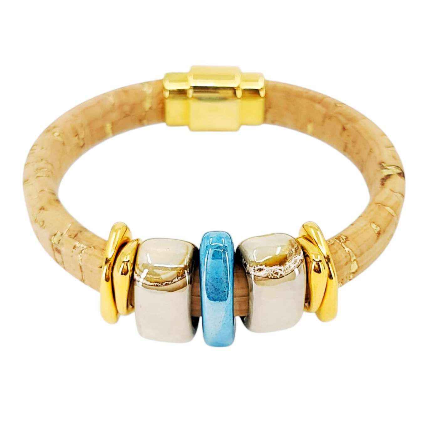 Bracelet - Sorrento Blue (Cork on Leather, Gold, Ceramic) by Diana Kauffman Designs