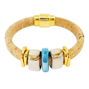 Bracelet - Sorrento Blue (Cork on Leather, Gold, Ceramic) by Diana Kauffman Designs