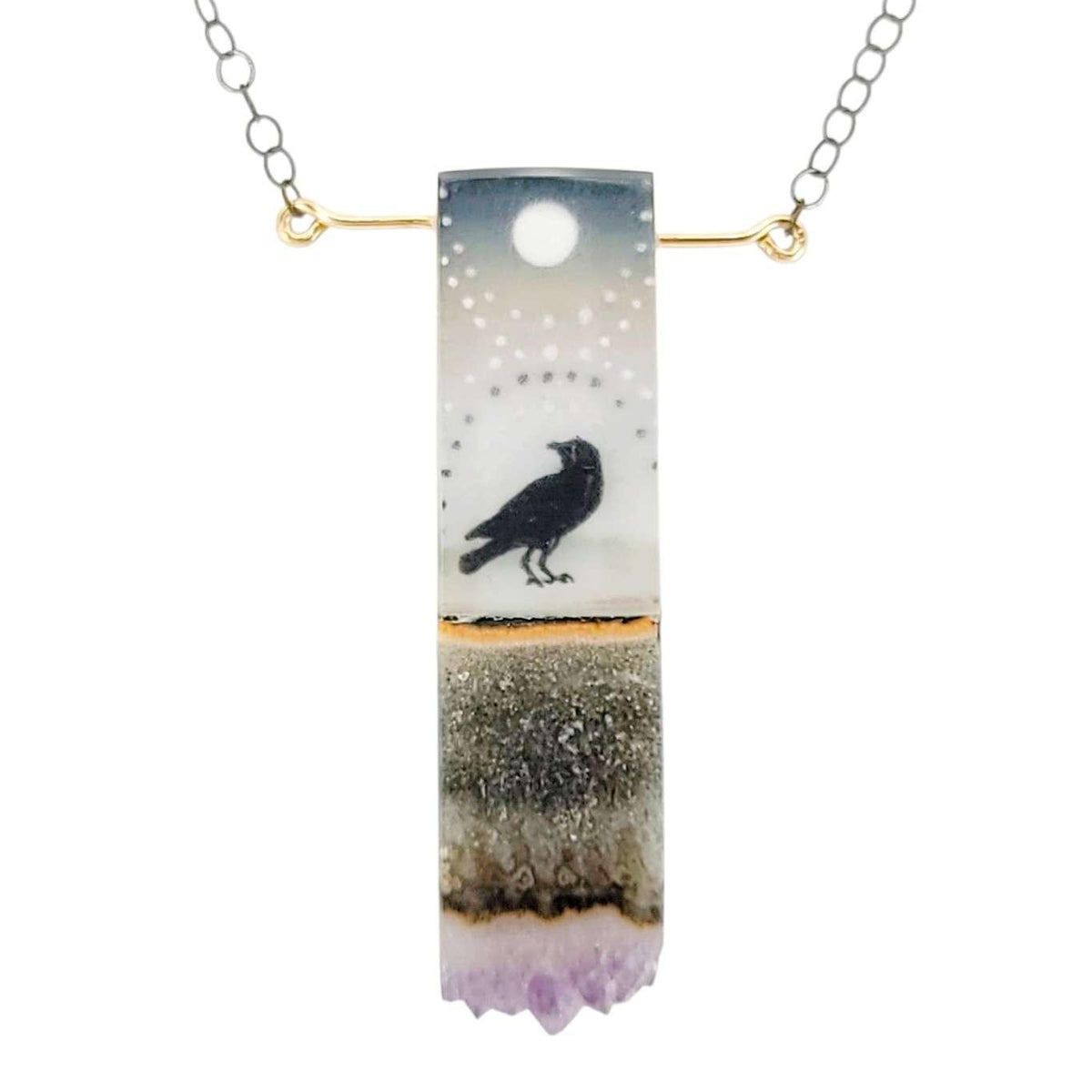 Necklace - Crow and Moon Crystal (Gunmetal) by Fernworks