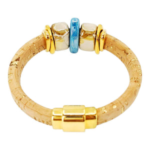 Bracelet - Sorrento Blue (Cork on Leather, Gold, Ceramic) by Diana Kauffman Designs