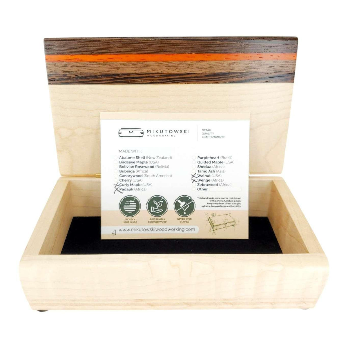 Jewelry Box - Small - Treasure (Curly Maple, Padauk, Walnut, Wenge) by Mikutowski Woodworking