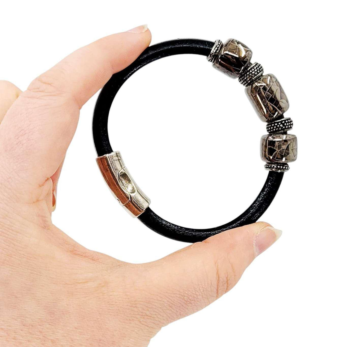 Bracelet - Storm (Black Leather, Silver, Ceramic) by Diana Kauffman Designs