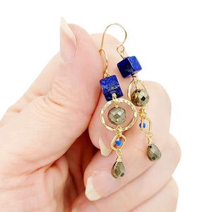 Earrings - Gold and Gemstone Mixed Shapes (Lapis Lazuli, Pyrite) by Calliope Jewelry