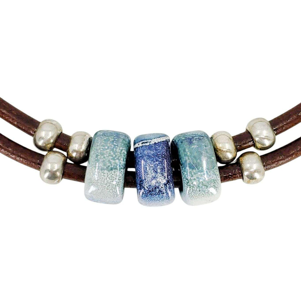 Necklace - Hummingbird (Blue Green Ceramic, Tobacco Leather, Silver) by Diana Kauffman