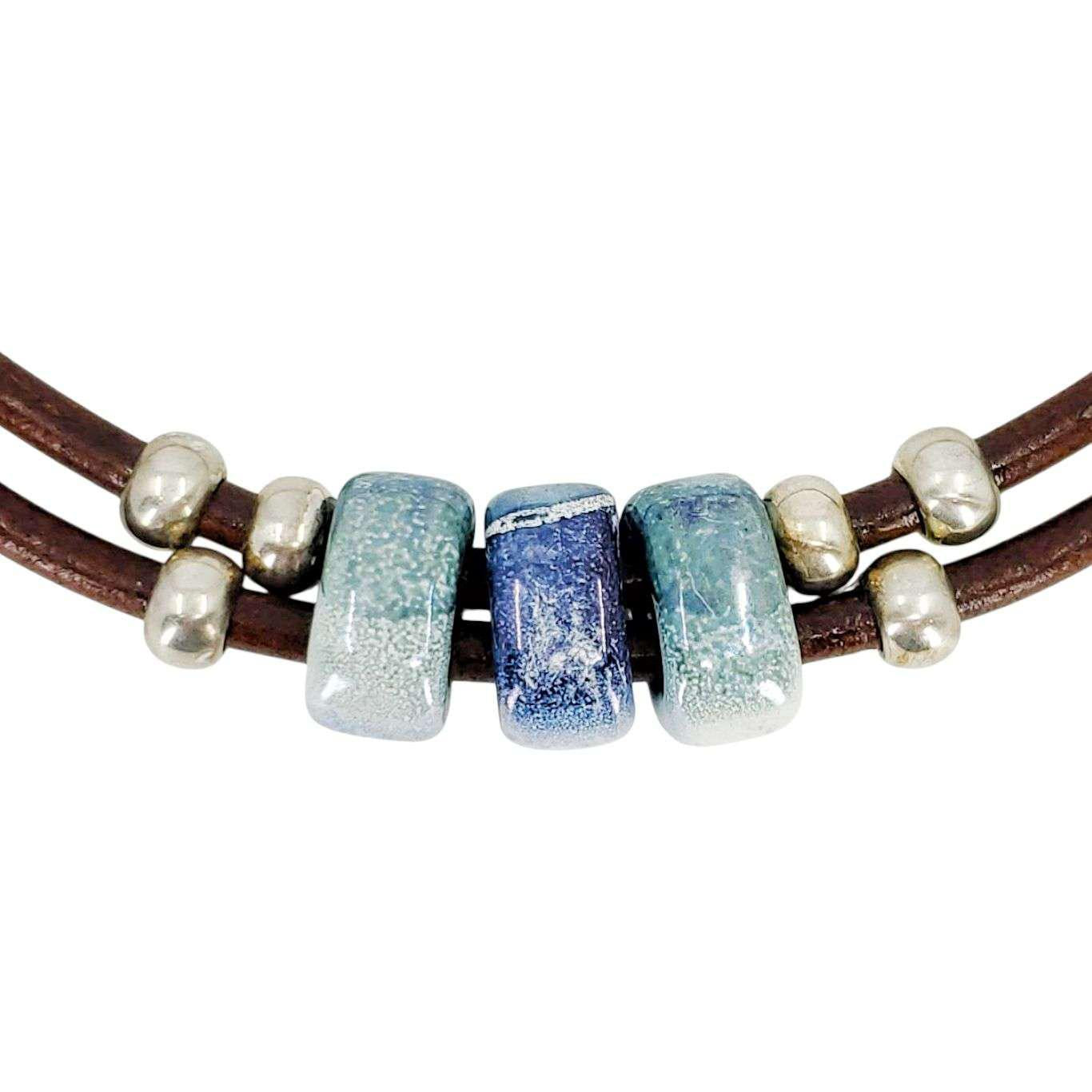 Necklace - Hummingbird (Blue Green Ceramic, Tobacco Leather, Silver) by Diana Kauffman