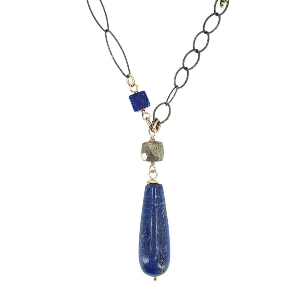 Necklace - Long Mixed Chain Pendant (Lapis Lazuli, Pyrite) by Calliope Jewelry