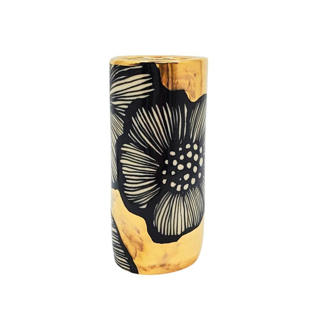Vase - 4in - Floral Cylinder with 22k Gold Background (A) by Hsieh Clay SF