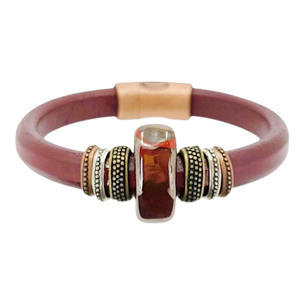 Bracelet - Thorn  (Wine Leather, Brass, Copper, Ceramic) by Diana Kauffman Design