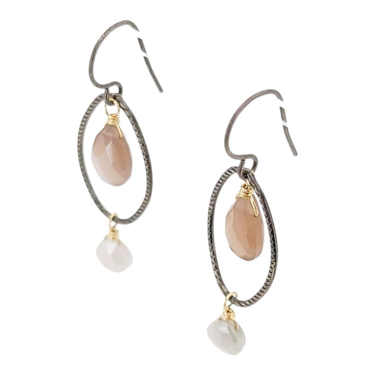 Earrings - Textured Oval with Gem Drops (Chocolate and Gray Moonstone) by Calliope Jewelry