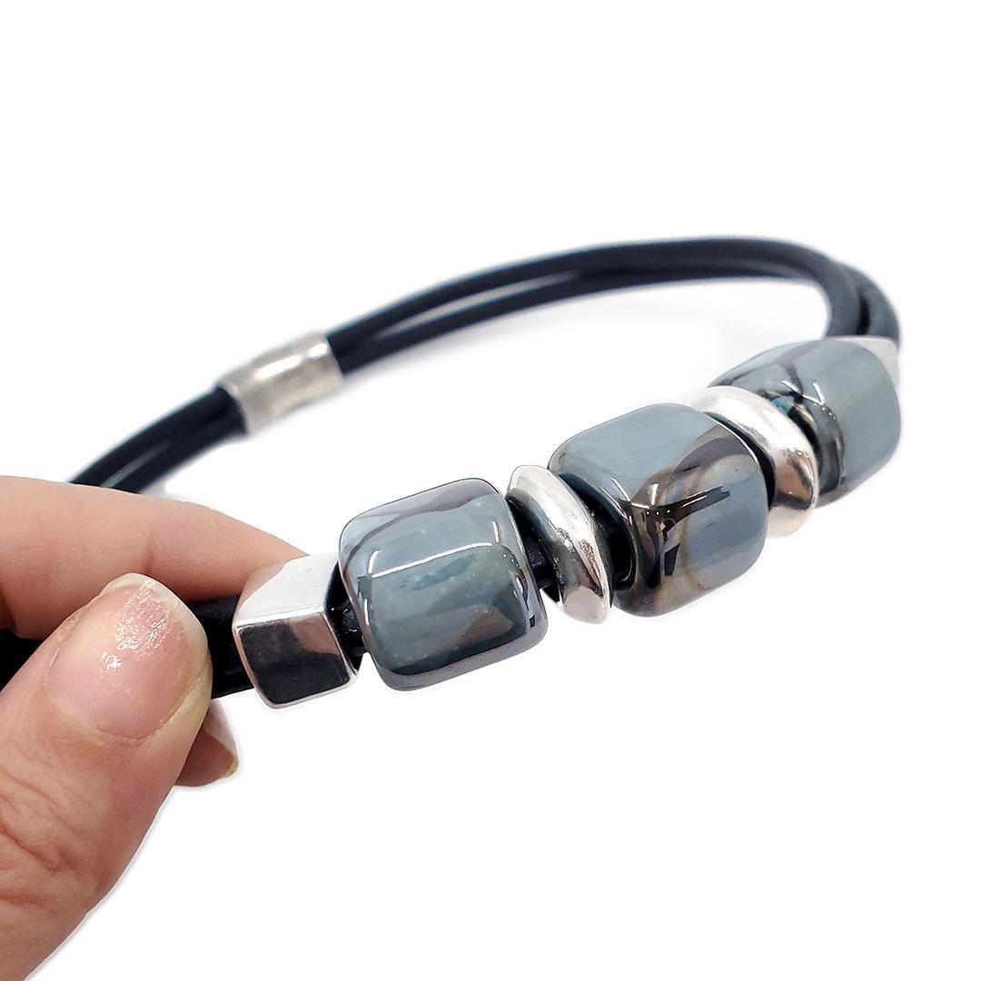 Necklace - Black Sea (Black Leather, Silver, Ceramic) by Diana Kauffman Designs