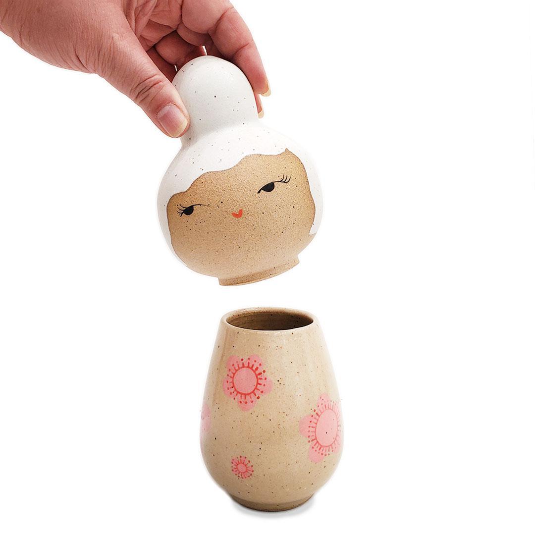 Kokeshi Jar - Small - Coy (White Updo, Pink Floral) by Jennifer Fujimoto