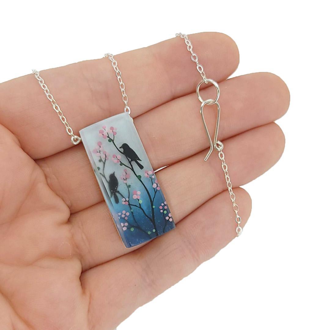 Necklace - Cherry Blossom Birds Tall by Fernworks