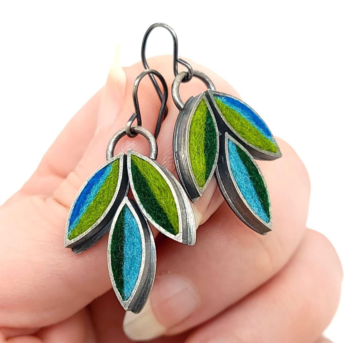 Earrings - Lotus Flower Drops in Blue and Green by Michele A. Friedman