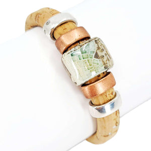 Bracelet - Surf and Sand (Cork on Leather, Mixed Metals, Ceramic) by Diana Kauffman Designs