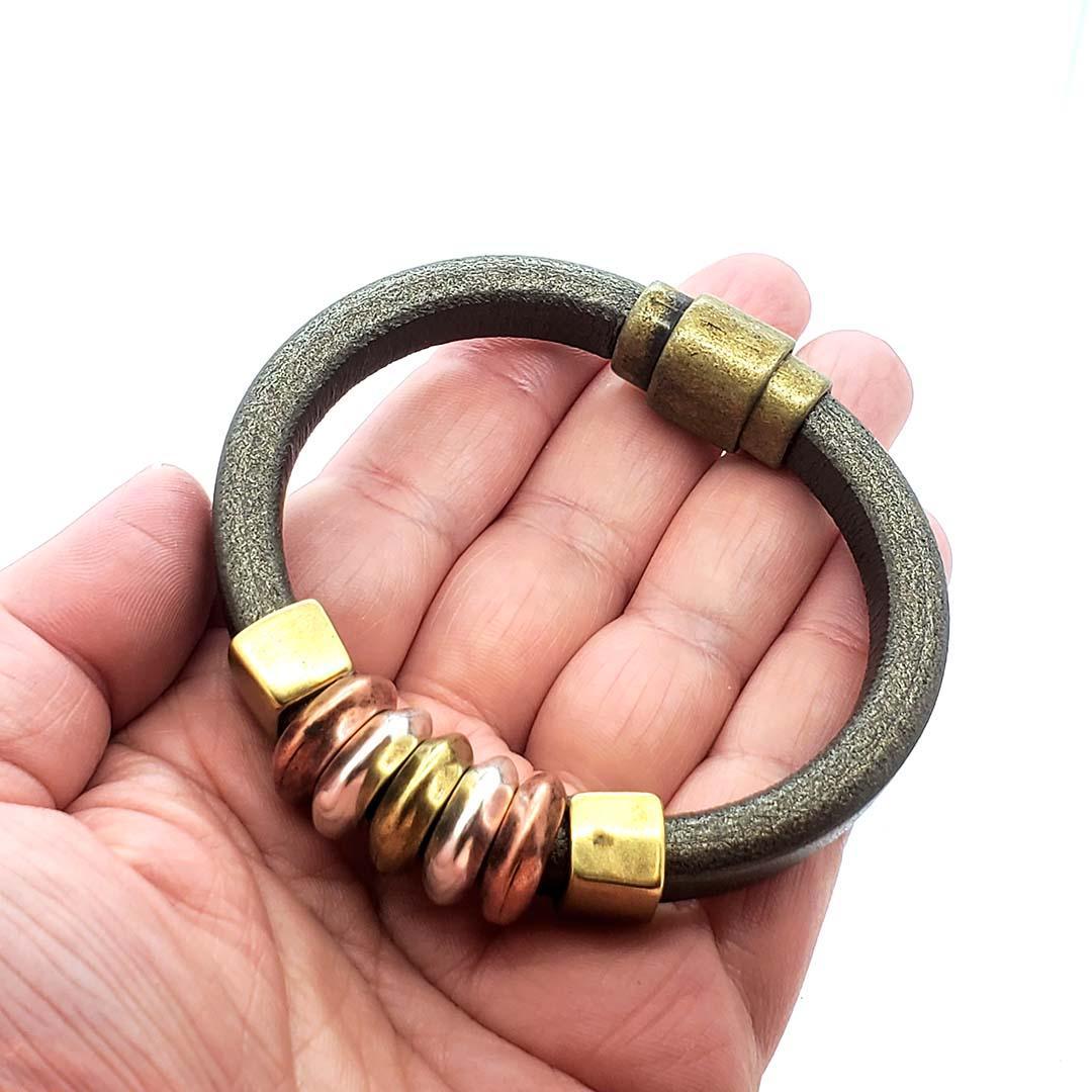 Bracelet - Edinburgh (Olive Champagne Leather, Mixed Metals) by Diana Kauffman Designs