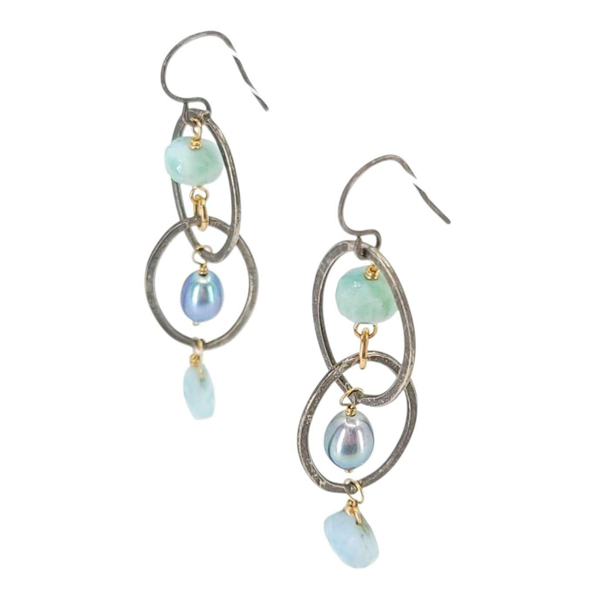 Earrings - Double Oval Dangles (Larimar, Pearl) by Calliope Jewelry