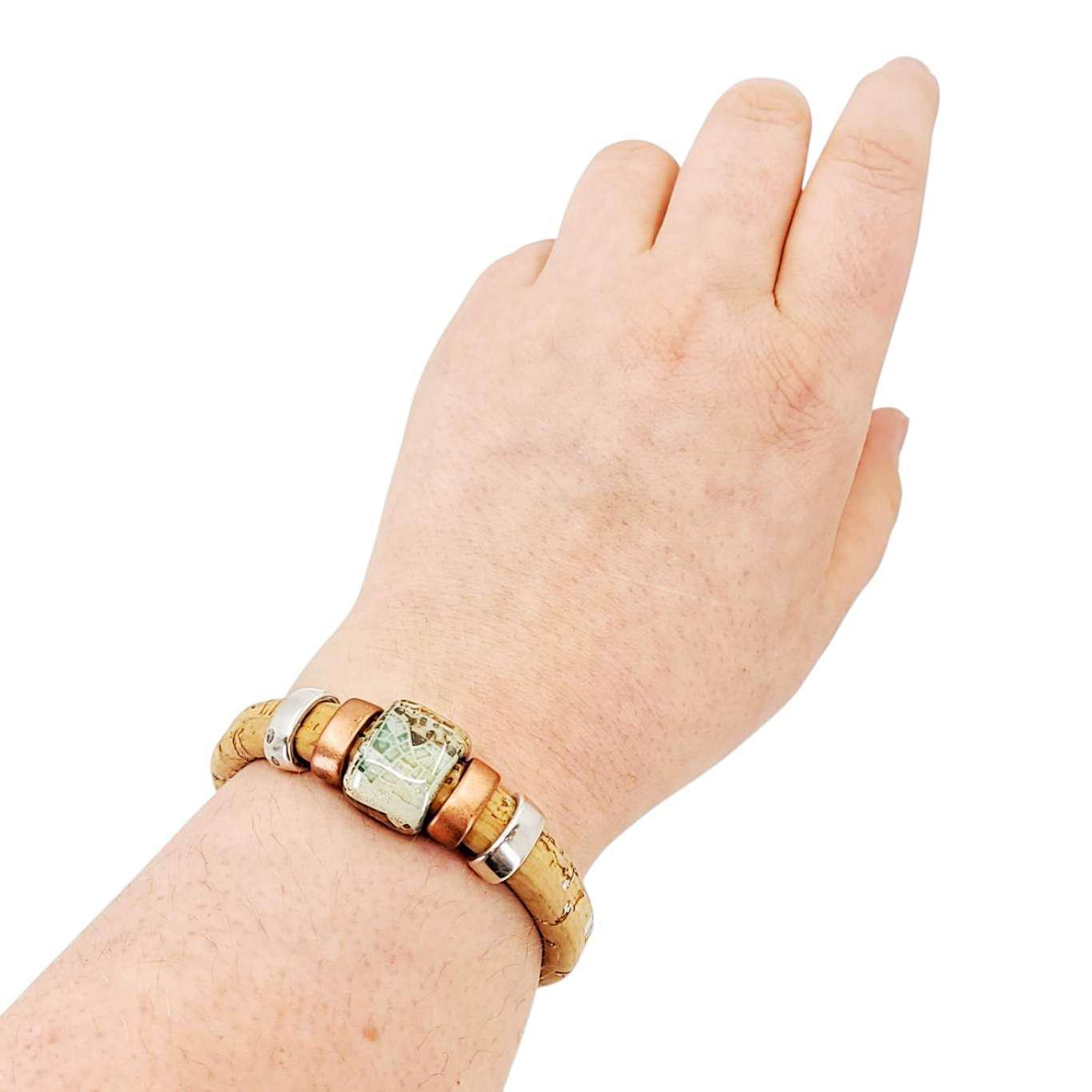Bracelet - Surf and Sand (Cork on Leather, Mixed Metals, Ceramic) by Diana Kauffman Designs