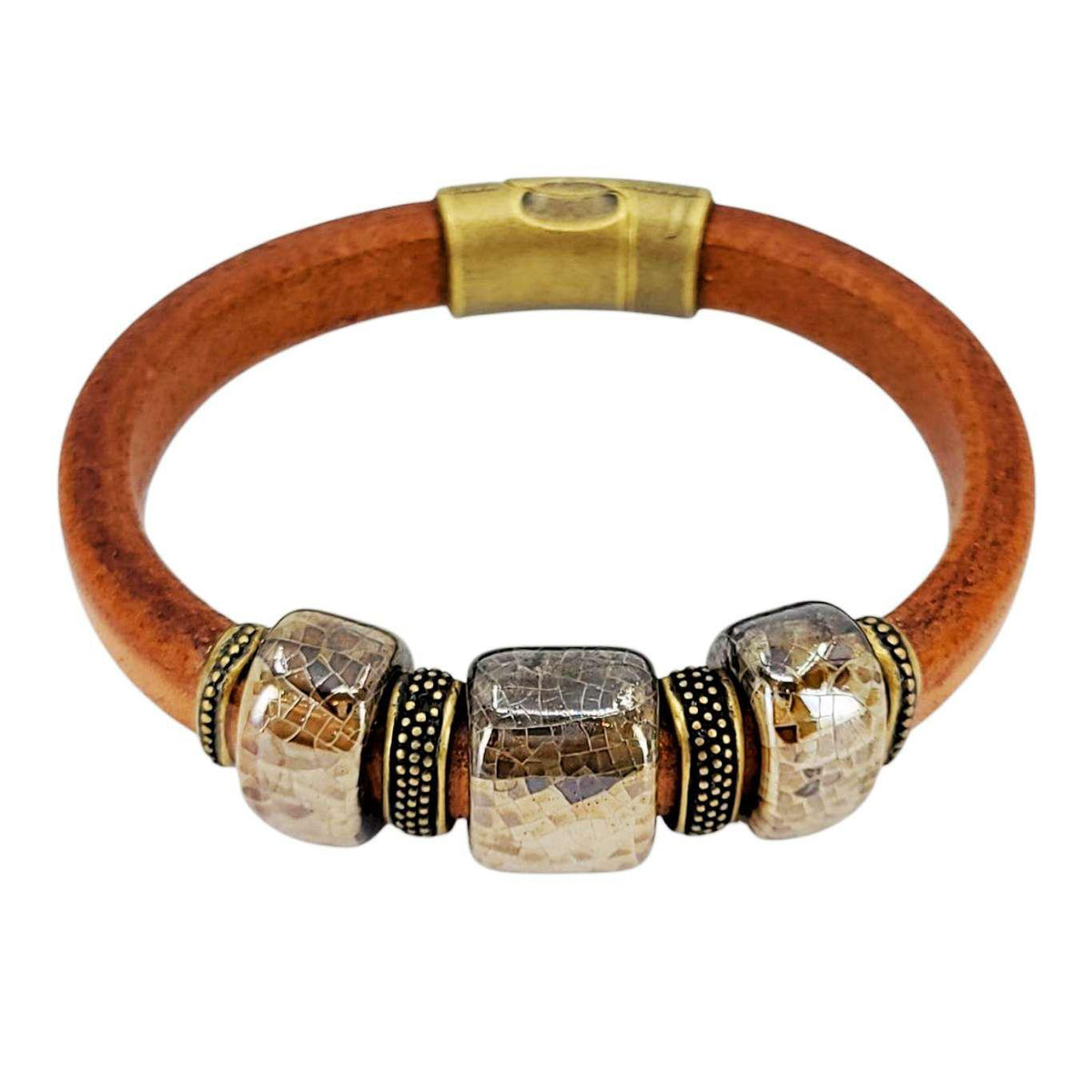 Bracelet - River Rock (Tobacco Leather, Brass, Ceramic) by Diana Kauffman Designs