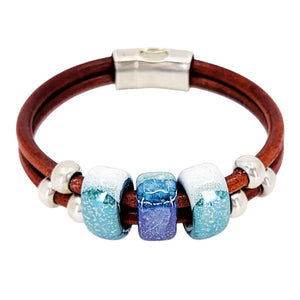 Bracelet - Hummingbird (Tobacco Leather, Silver, Ceramic) by Diana Kauffman Designs