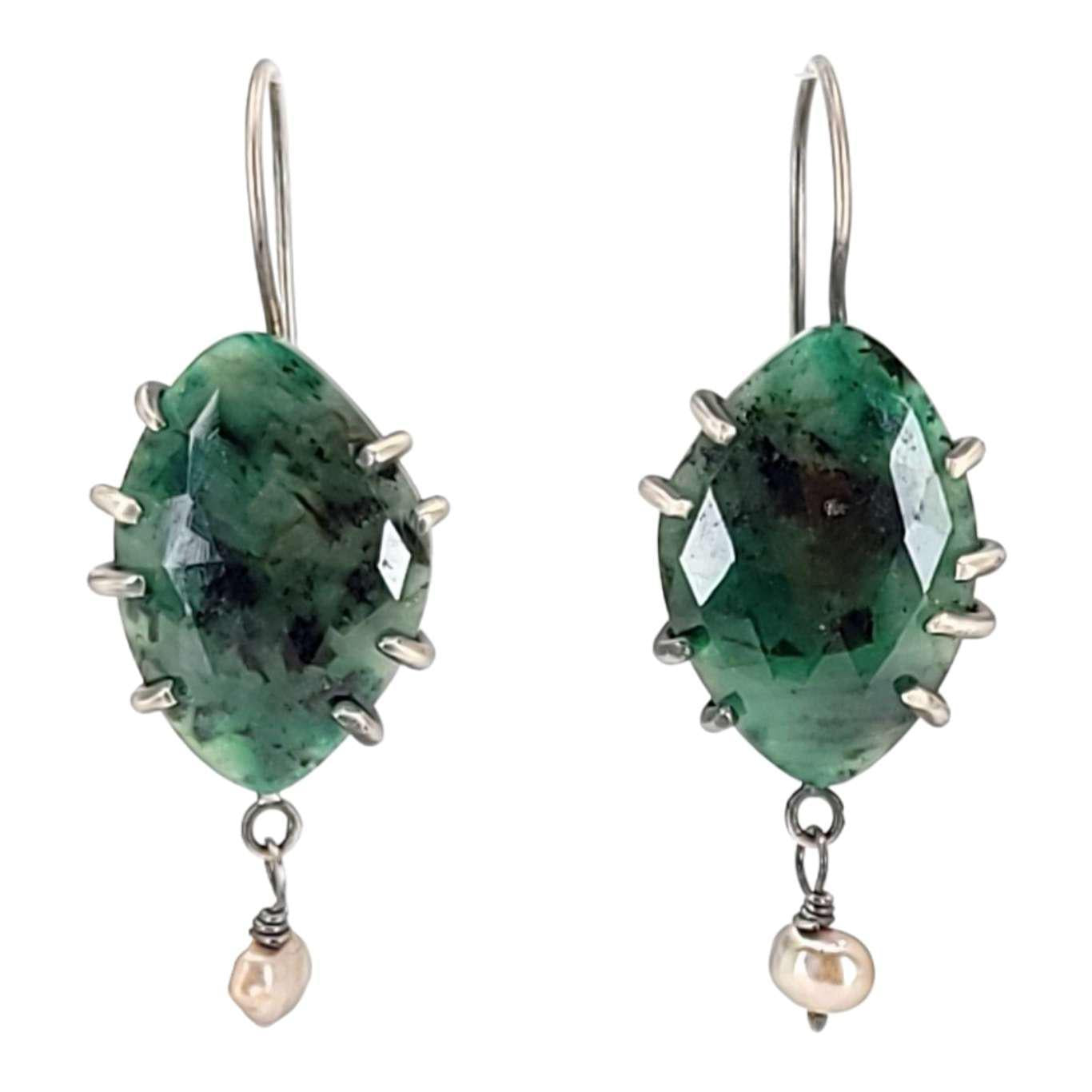 Earrings - Large Emerald with Pearl Drop in Oxidized Sterling Silver by Three Flames Silverworks