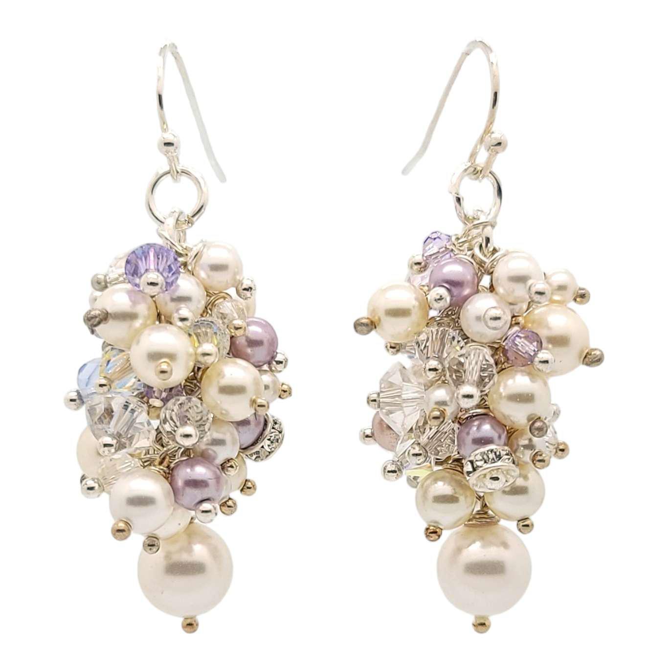 Earrings - Amethyst and White Pearl and Crystal Clusters by Sugar Sidewalk
