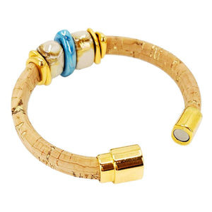 Bracelet - Sorrento Blue (Cork on Leather, Gold, Ceramic) by Diana Kauffman Designs
