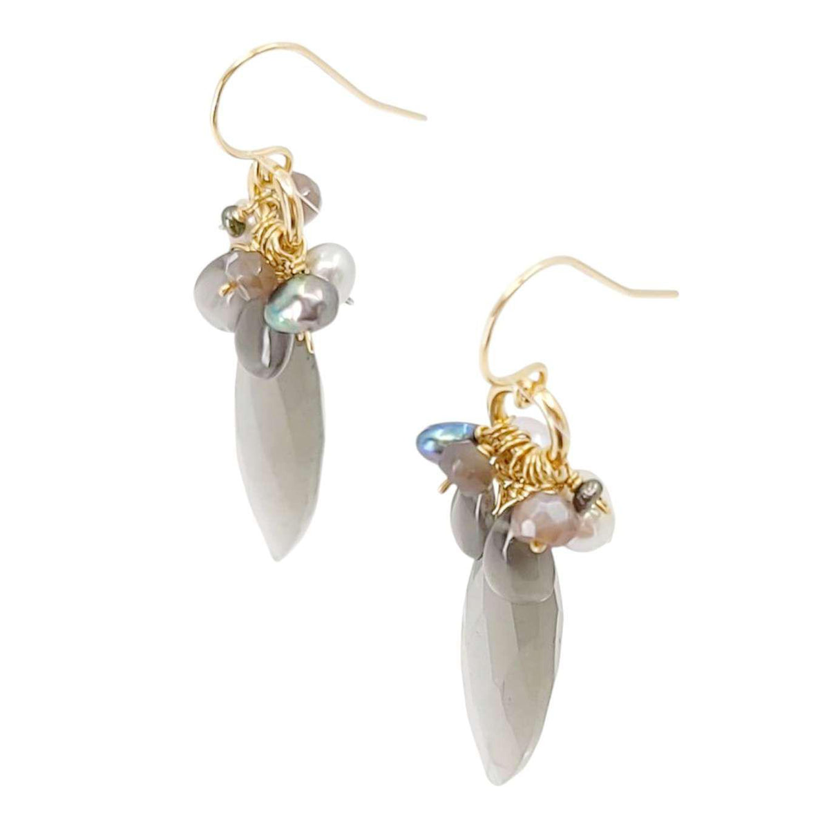 Earrings - Large Marquise Gem Clusters (Gray Moonstone, Chocolate Moonstone, Pearl) by Calliope Jewelry