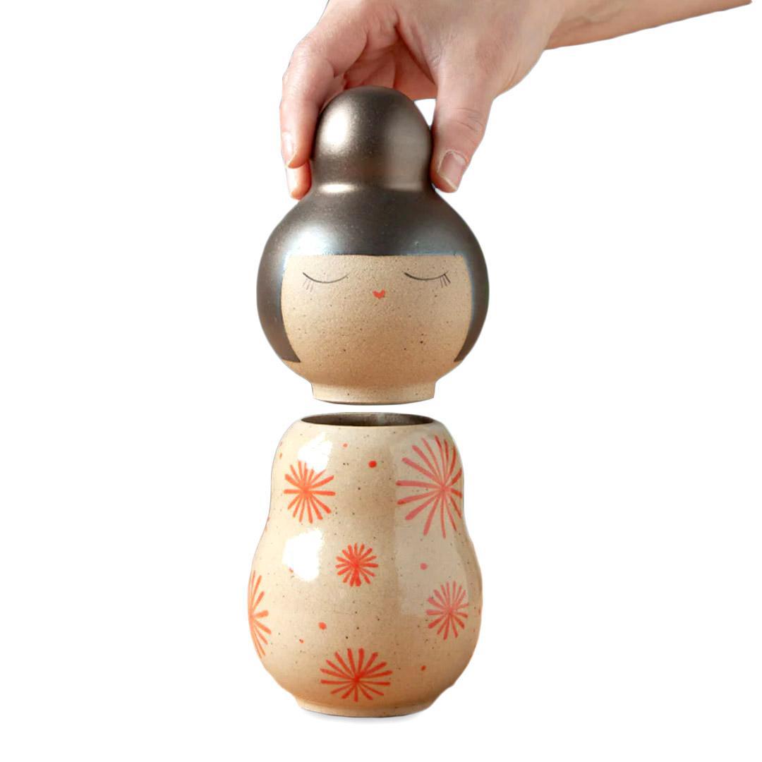 Kokeshi Jar - Small - Peaceful (Bronze Updo, Red Bursts) by Jennifer Fujimoto